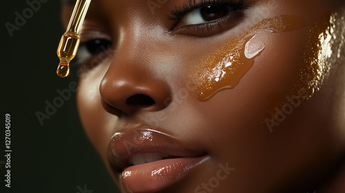 Beautician applying serum on model face with dropper for skincare treatment