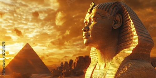 Majestic Sphinx at Sunset: An Ancient Egyptian Icon against the Giza Pyramids photo