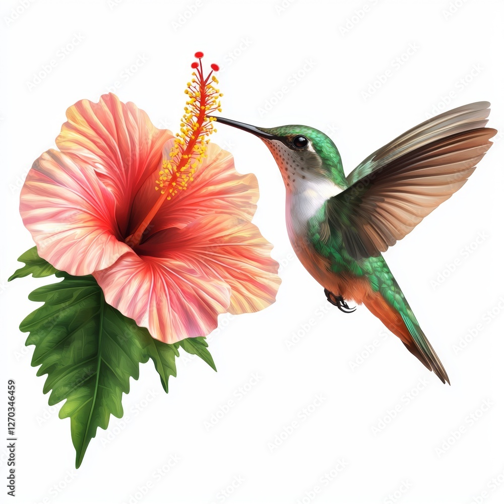 Fototapeta premium Vibrant Hummingbird Feeding on a Bright Pink Hibiscus Flower in Lush Greenery
