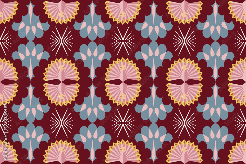 Abstract ethnic art, Geometric design, Striped with peacock shape, Tribal seamless pattern, Fabric pattern, Print pattern, Art, Cover, Print, Wallpaper, Pattern on product. Abstract ethnic art, Geometric design, Striped with peacock shape, Tribal seamless pattern, Fabric pattern, Print pattern, Art, Cover, Print, Wallpaper, Pattern on product.