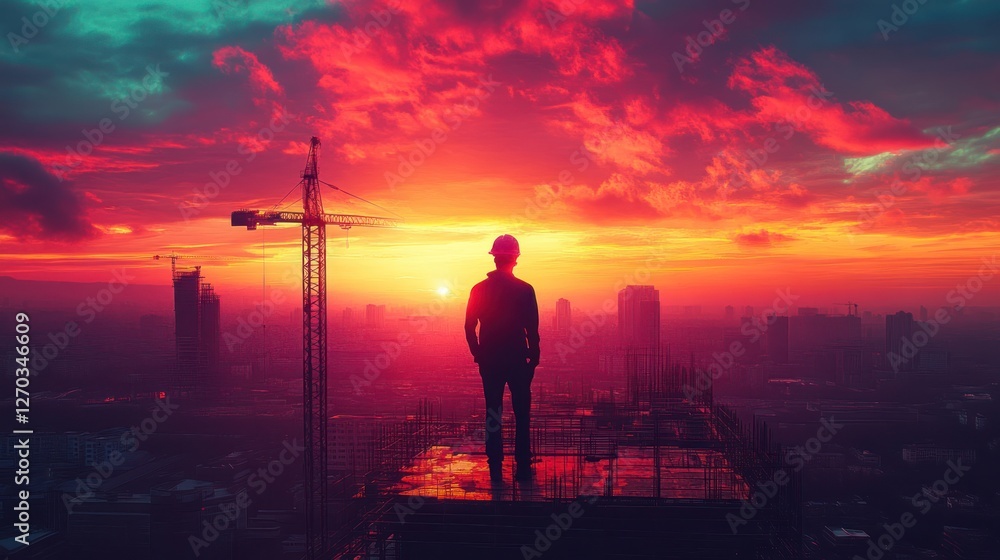 Fototapeta premium Construction worker sunset cityscape rooftop success