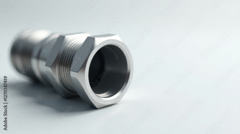 Close-up view of a metallic threaded connector, showcasing its precision engineering and industrial design details Close-up view of a metallic threaded connector, showcasing its precision engineering and industrial design details