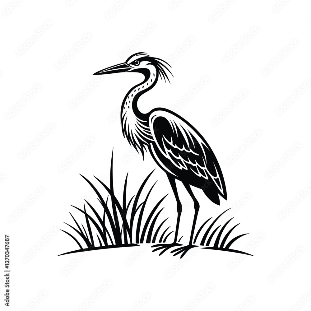 Obraz premium Black and White Heron Bird Silhouette with Grass – Vector Illustration