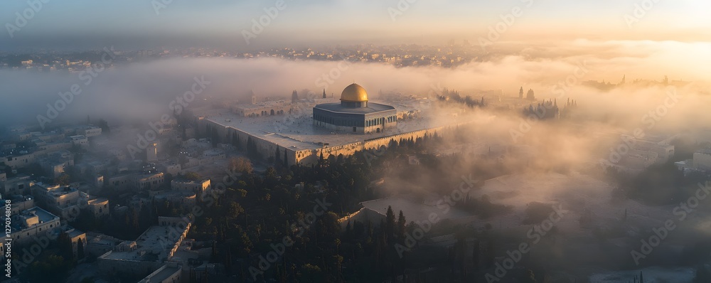 Fototapeta premium Dome of the Rock in Jerusalem emerges from morning fog