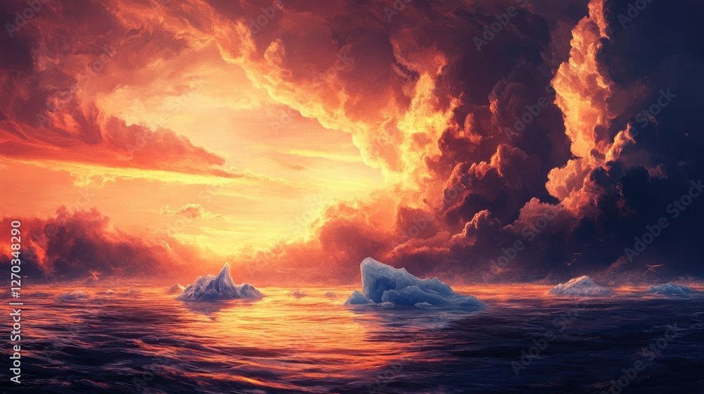 Melting icebergs floating in the ocean under a dramatic sky, symbolizing global warming. Melting icebergs floating in the ocean under a dramatic sky, symbolizing global warming.
