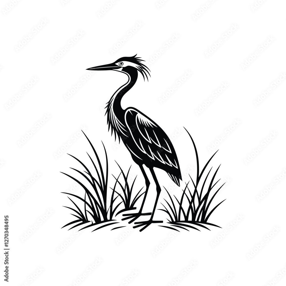 Fototapeta premium Black and White Heron Bird Silhouette with Grass – Vector Illustration