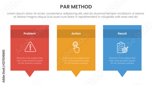 PAR method infographic 3 point with rectangle box and callout comment dialog on bottom for slide presentation