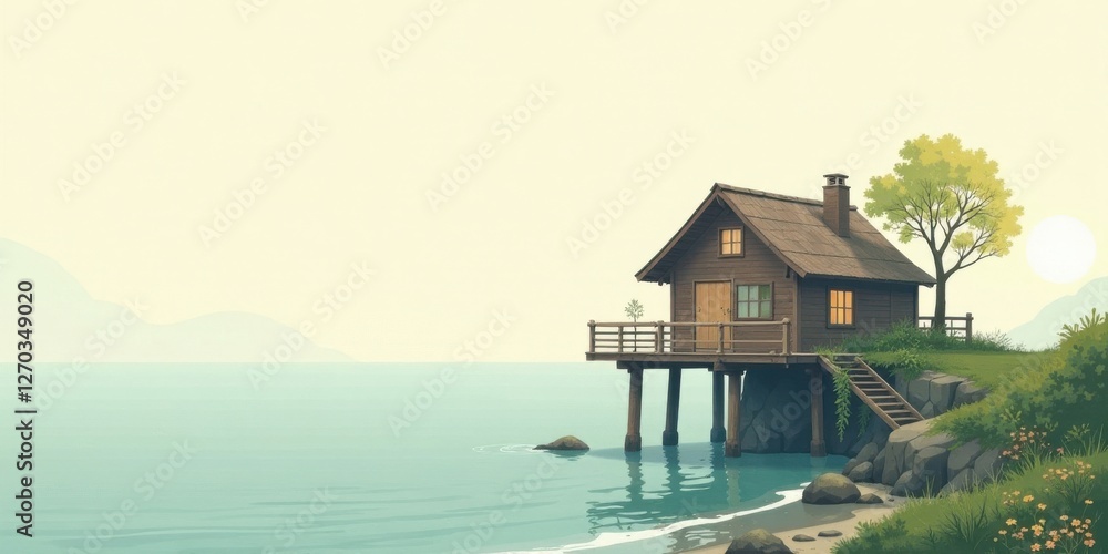Fototapeta premium Serene Lakeside Cabin Retreat A Peaceful Waterfront Escape with Stunning Views and Tranquil Atmosphere