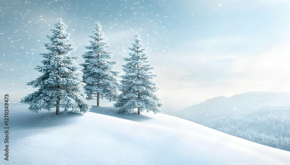 Fototapeta premium Serene winter landscape featuring three snow-covered pine trees on a gently sloping hill, under a softly falling snow.