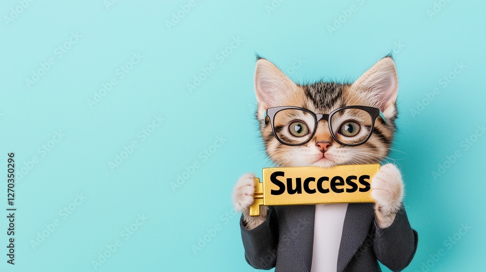 Cute Business Cat in Suit and Glasses Holding a Golden Key with Cute Business Cat in Suit and Glasses Holding a Golden Key with