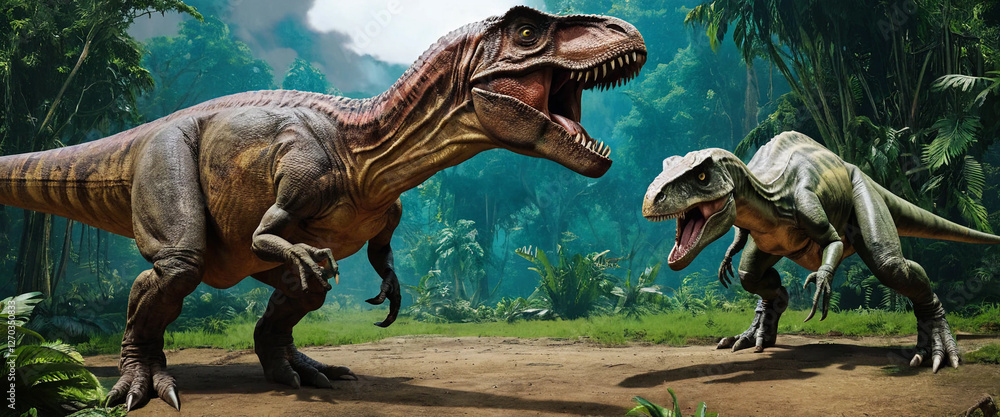 Fototapeta premium Tyrannosaurus. Battle of prehistoric giant dinosaurs.