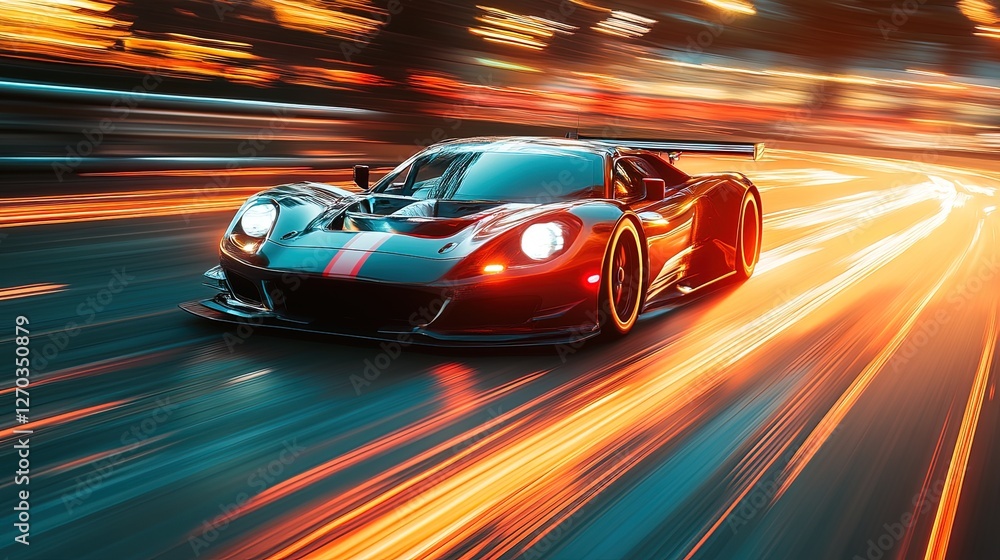 Dynamic racecar speeding down a track with vibrant motion blur Dynamic racecar speeding down a track with vibrant motion blur