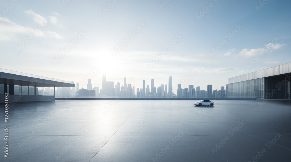 A sleek automotive plaza with a distant city skyline under bright skies. Featuring smooth, clean surfaces A sleek automotive plaza with a distant city skyline under bright skies. Featuring smooth, clean surfaces