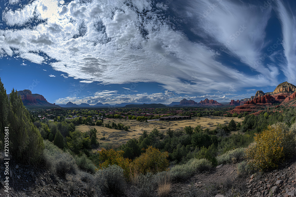 Fototapeta premium Breathtaking panoramic view of Sedona, Arizona's red rock formations under a dramatic, swirling sky. A picturesque landscape showcasing the beauty of the American Southwest.