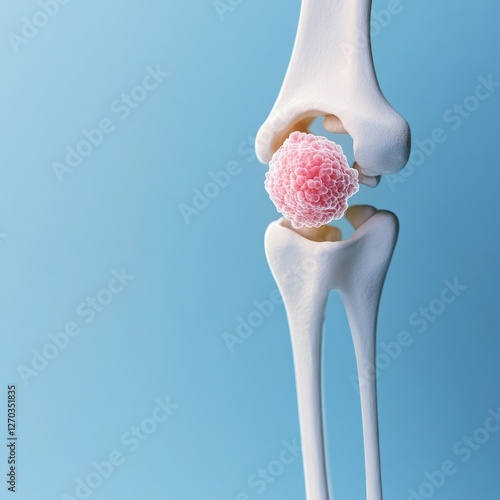 A 3D X-ray of a human elbow joint, showing cancer cells affecting the bone structure, on a muted blue background. 