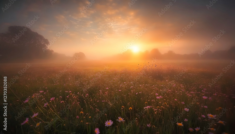 Naklejka premium Serene sunrise over misty meadow, wildflowers bathed in golden light, peaceful landscape photography.