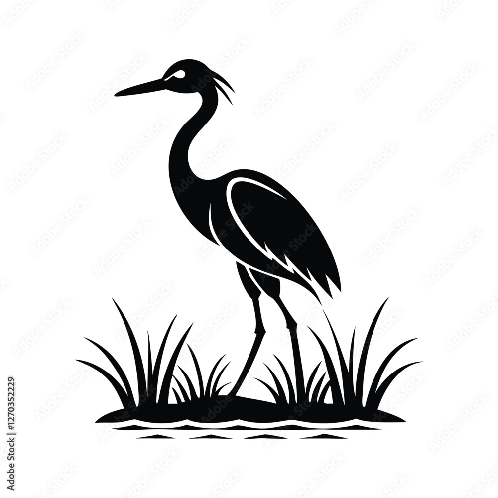 Fototapeta premium Black and White Heron Bird Silhouette with Grass – Vector Illustration