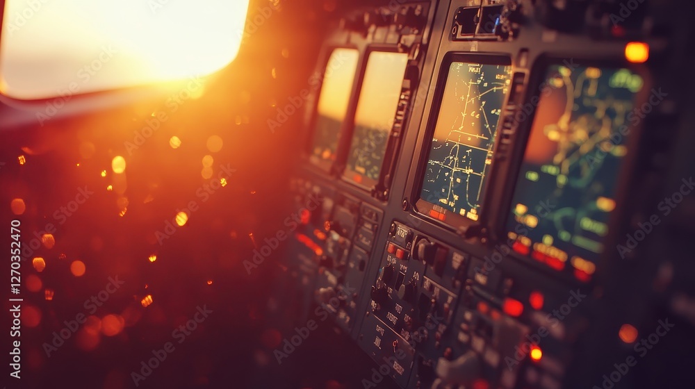 Close-Up View of Aircraft Cockpit Displays During Sunset Glow Close-Up View of Aircraft Cockpit Displays During Sunset Glow