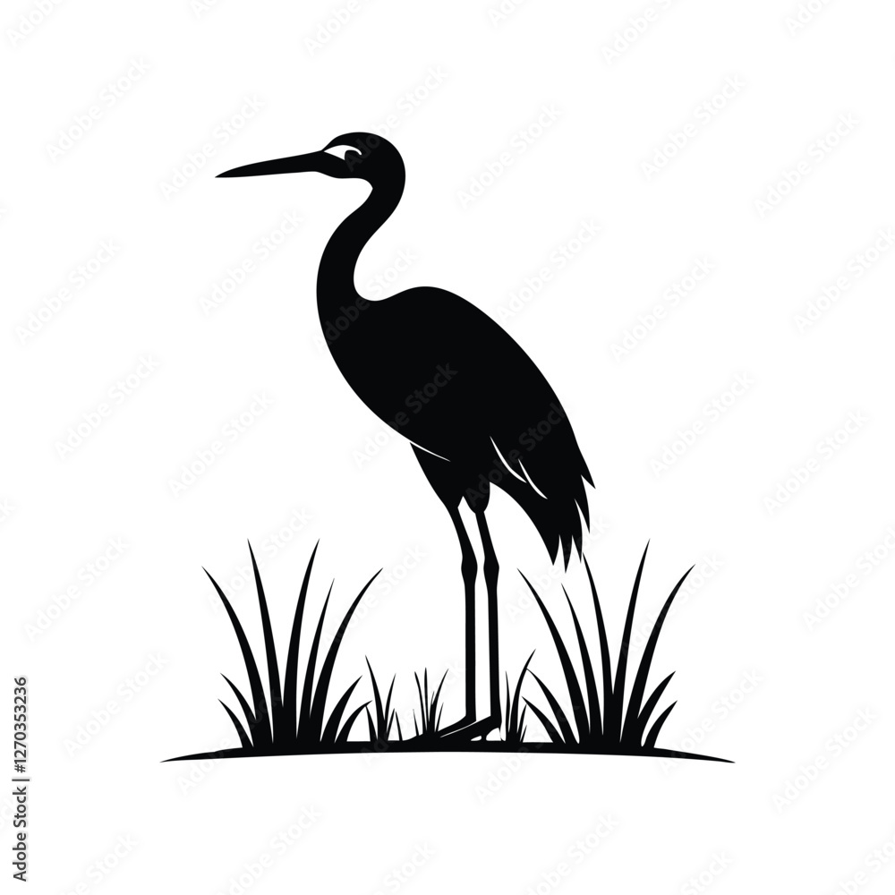 Fototapeta premium Black and White Heron Bird Silhouette with Grass – Vector Illustration