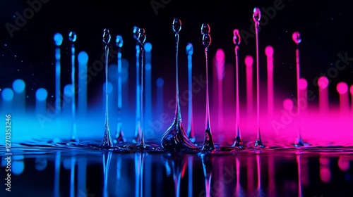 Vibrant neon liquid droplets splashing, creating abstract art.