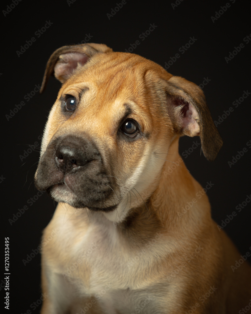 Studio portrait of a mastiff puppy with head slightly titled Studio portrait of a mastiff puppy with head slightly titled