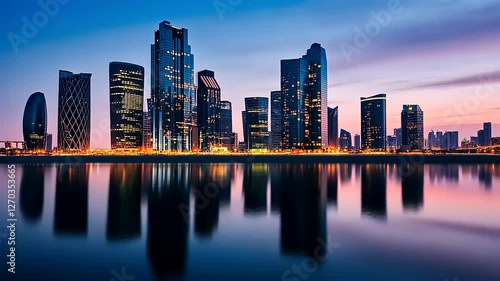 Wallpaper Mural Stunning city skyline at dusk reflecting on water, showcasing modern architecture and vibrant lights Torontodigital.ca