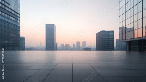 Fototapeta Naklejka Na Ścianę i Meble -  A sleek city plaza with a skyline at dawn. Featuring clarity and freshness