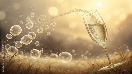 Champagne Bubbles Floating in a Soft Golden Bokeh Atmosphere mesmerizing and celebratory scene filled with delicate champagne bubbles rising gracefully through a luminous golden background photo