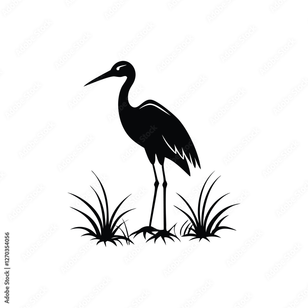 Fototapeta premium Black and White Heron Bird Silhouette with Grass – Vector Illustration
