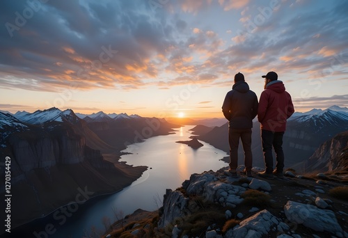Two friends admiring the sunset from top of a high cliff in Northern Norway 