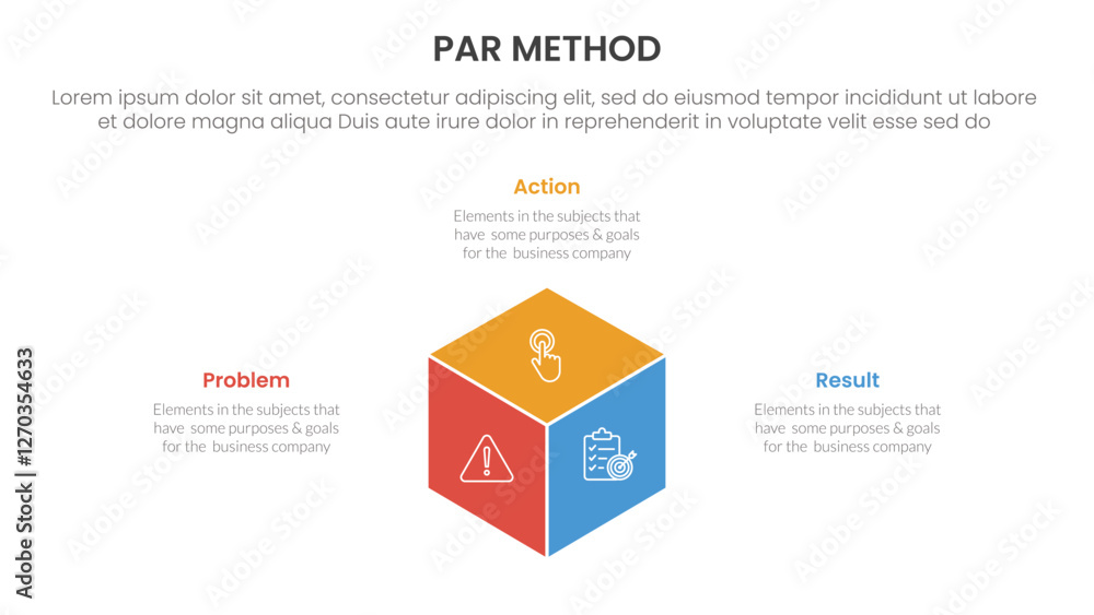 PAR method infographic 3 point with 3d box shape center for slide presentation PAR method infographic 3 point with 3d box shape center for slide presentation