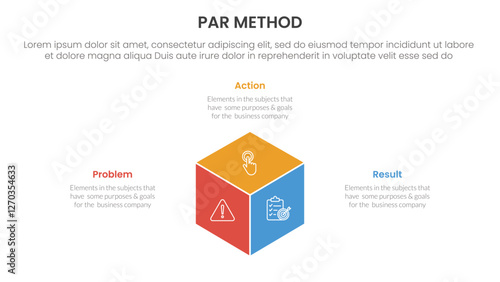 PAR method infographic 3 point with 3d box shape center for slide presentation