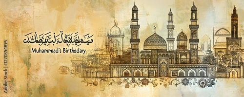 Detailed illustration depicting mosques with calligraphy for muhammad s birthday photo