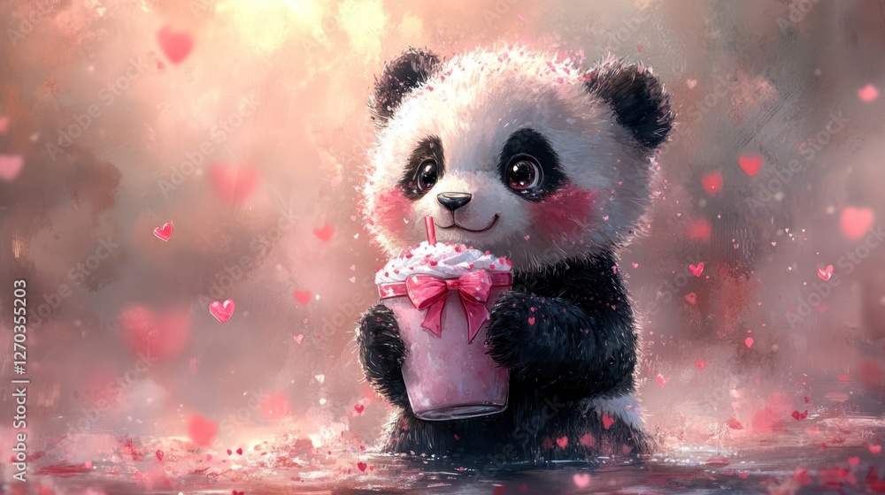 Fototapeta premium Cute Panda Drinking Shake, Hearts, Forest, Valentine's