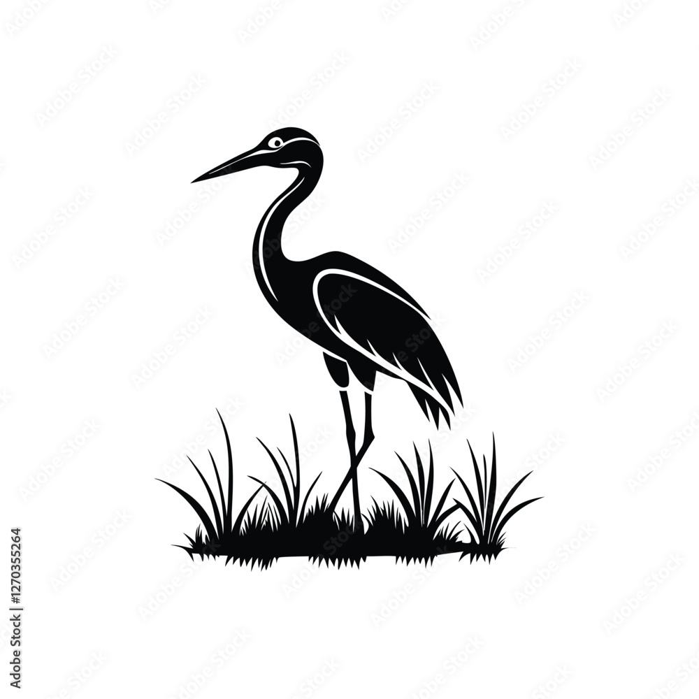 Fototapeta premium Black and White Heron Bird Silhouette with Grass – Vector Illustration