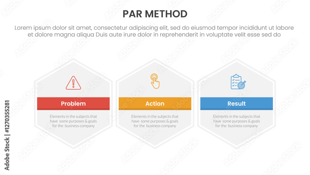PAR method infographic 3 point with big hexagon hexagonal horizontal for slide presentation PAR method infographic 3 point with big hexagon hexagonal horizontal for slide presentation