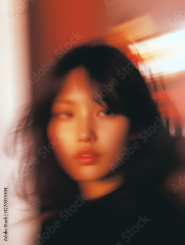 A macro photo of a model woman saint laurent look with flowers, motion blur with a blurred background, a light and airy feel, natural lighting photo