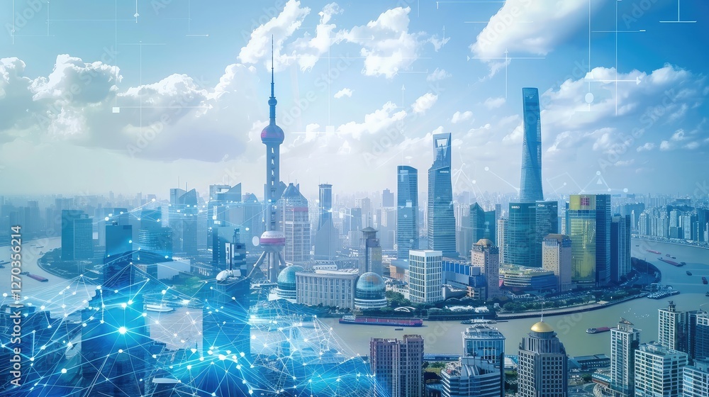 Fototapeta premium Urban Skyline with Digital Transformation Theme in Shanghai