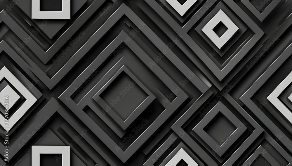 Abstract geometric pattern featuring layered squares in black and gray tones. Abstract geometric pattern featuring layered squares in black and gray tones.
