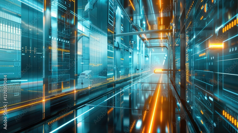 Fototapeta premium Futuristic Corridor with Glowing Neon Elements and Digital Aesthetics