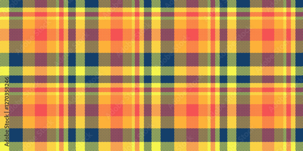 Vibrant yellow, orange, and teal plaid pattern. Perfect for textile design, website backgrounds, or fashion projects. This cheerful, seamless texture evokes warmth and energy. Vibrant yellow, orange, and teal plaid pattern. Perfect for textile design, website backgrounds, or fashion projects. This cheerful, seamless texture evokes warmth and energy.