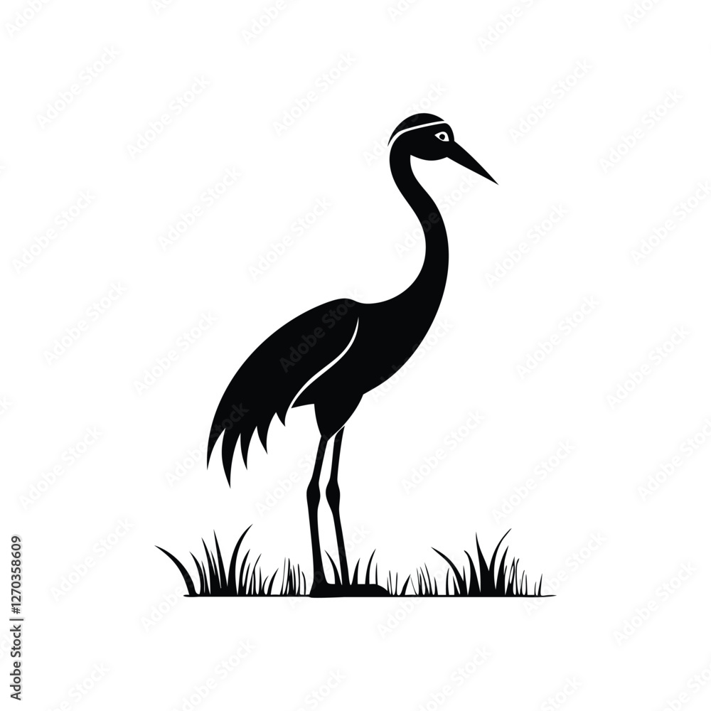 Fototapeta premium Black and White Heron Bird Silhouette with Grass – Vector Illustration