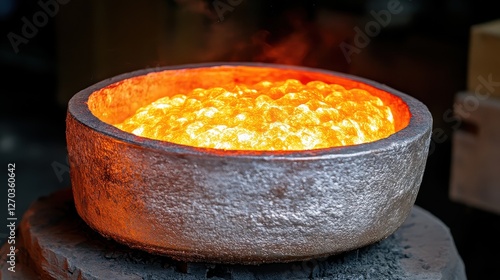 Molten Metal in a Bowl Radiating Bright Orange Glow and Heat