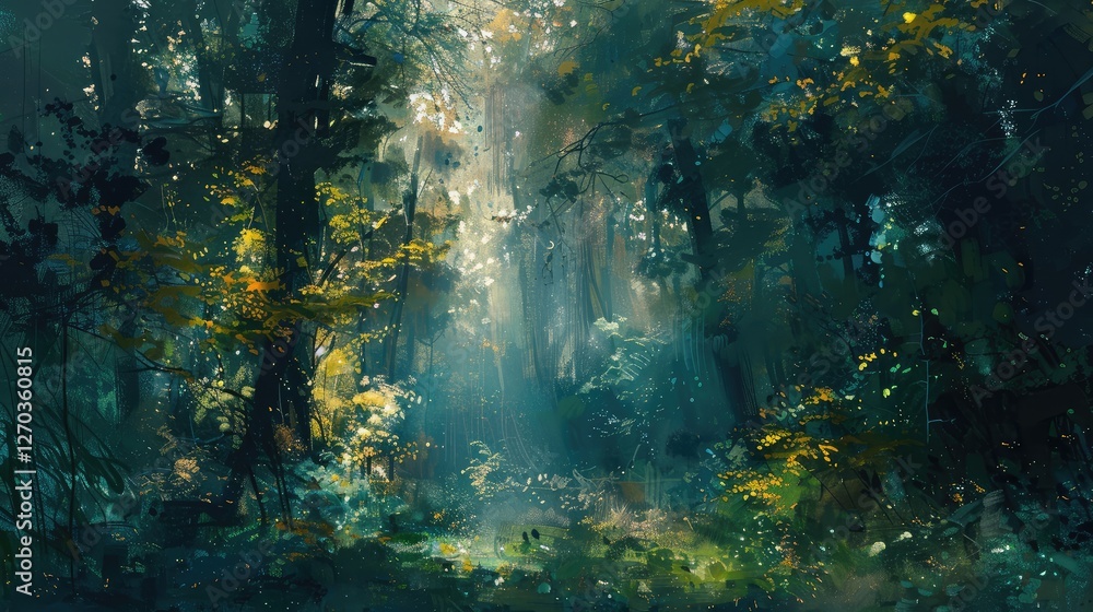 Fototapeta premium Mystical Sunlit Forest Painting with Lush Greenery
