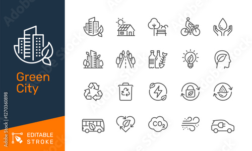 Green city thin line icons. Editable stroke. Pixel perfect.