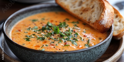 Creamy Tomato Soup with Fresh Herbs and Crusty Bread Bowl