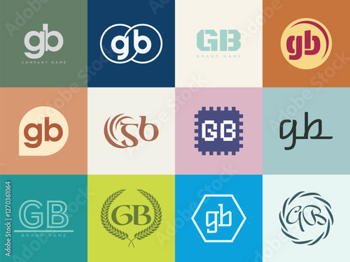 GB logo company template. Letter g and b logotype. Set different classic serif lettering and modern bold text with design elements. Initial font typography.
