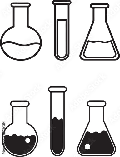 Chemistry biaker with Erlenmeyer flask and test tube holding chemicals flat vector icon for science apps and websites