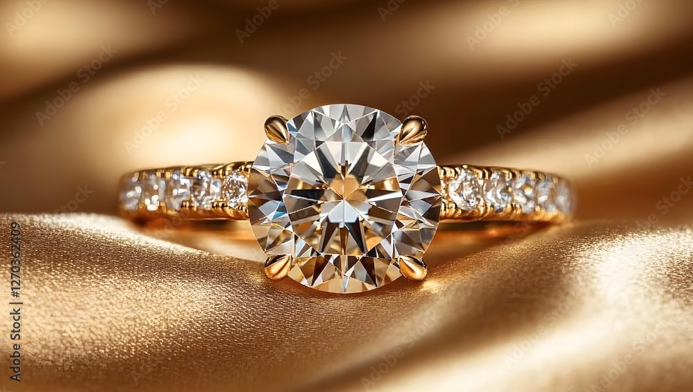 Fototapeta premium Luxurious diamond ring on golden satin