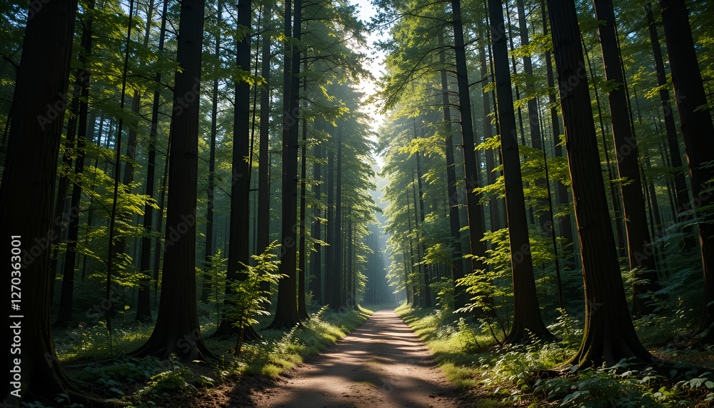 Obraz premium Whispers of the Woods: A Sunlit Path Through the Forest. 
